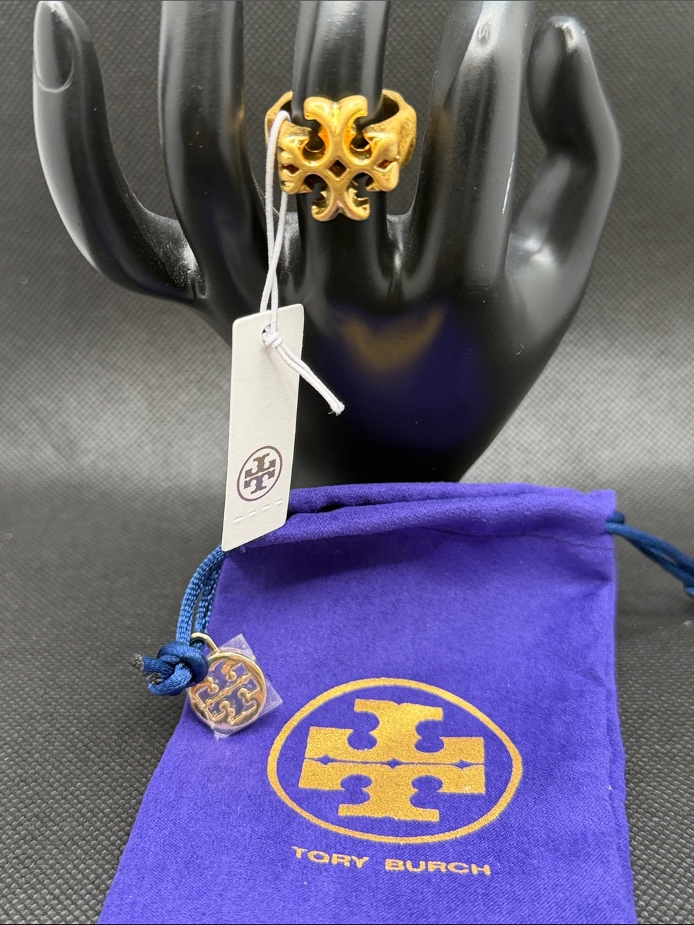 Tory Burch Gold Filigree Logo Ring Sz 8 with Purple Pouch